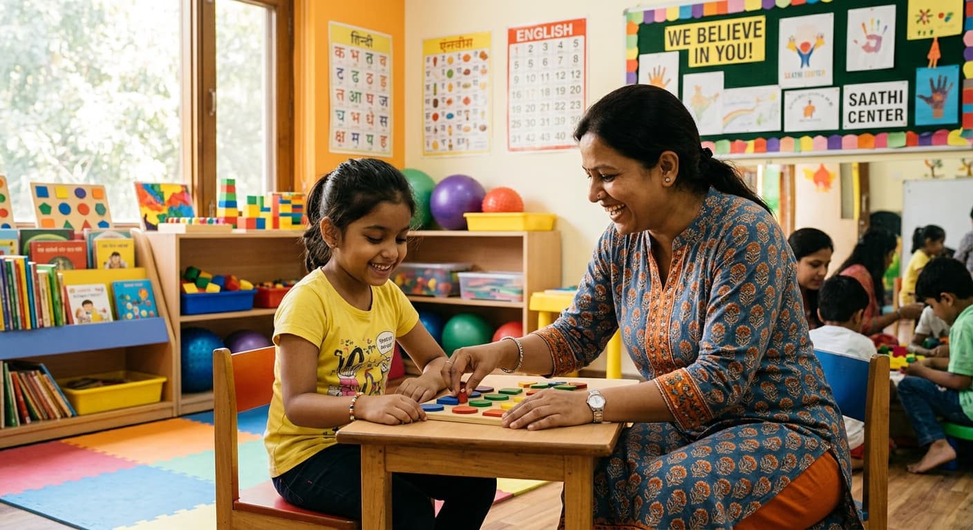 Special educator assisting a child with a learning activity
