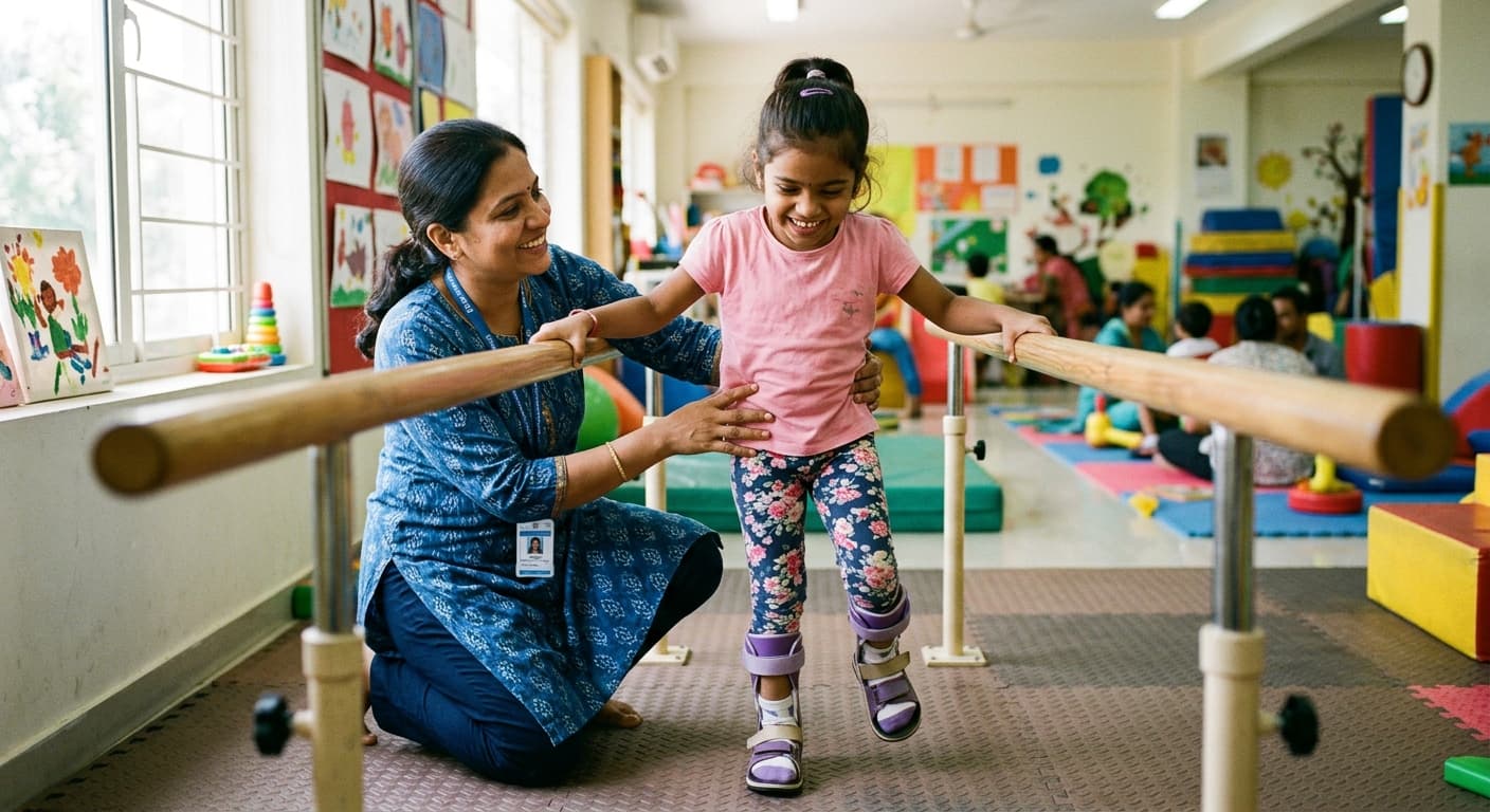 Pediatric physiotherapist helping a child with cerebral palsy take supported steps